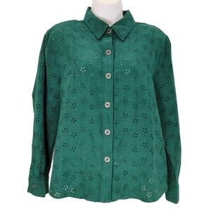 Draper's & Damon's Eyelet Button-Up Shirt Long Sleeve Faux Suede Green Womens LP